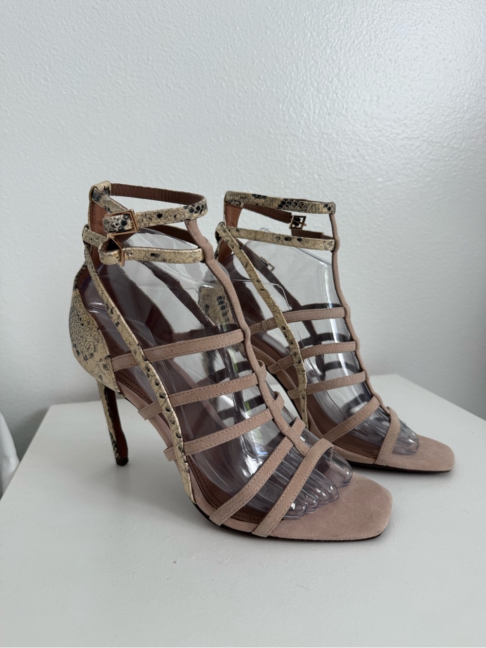 BCBGMaxAzria Nude Taupe Strappy High Heel Sandals with Snake-Print Trim